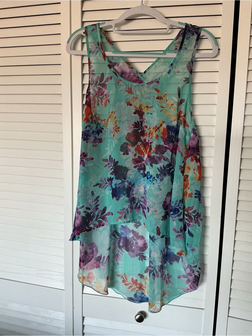 Aqua Floral High-Low Sleeveless Tunic